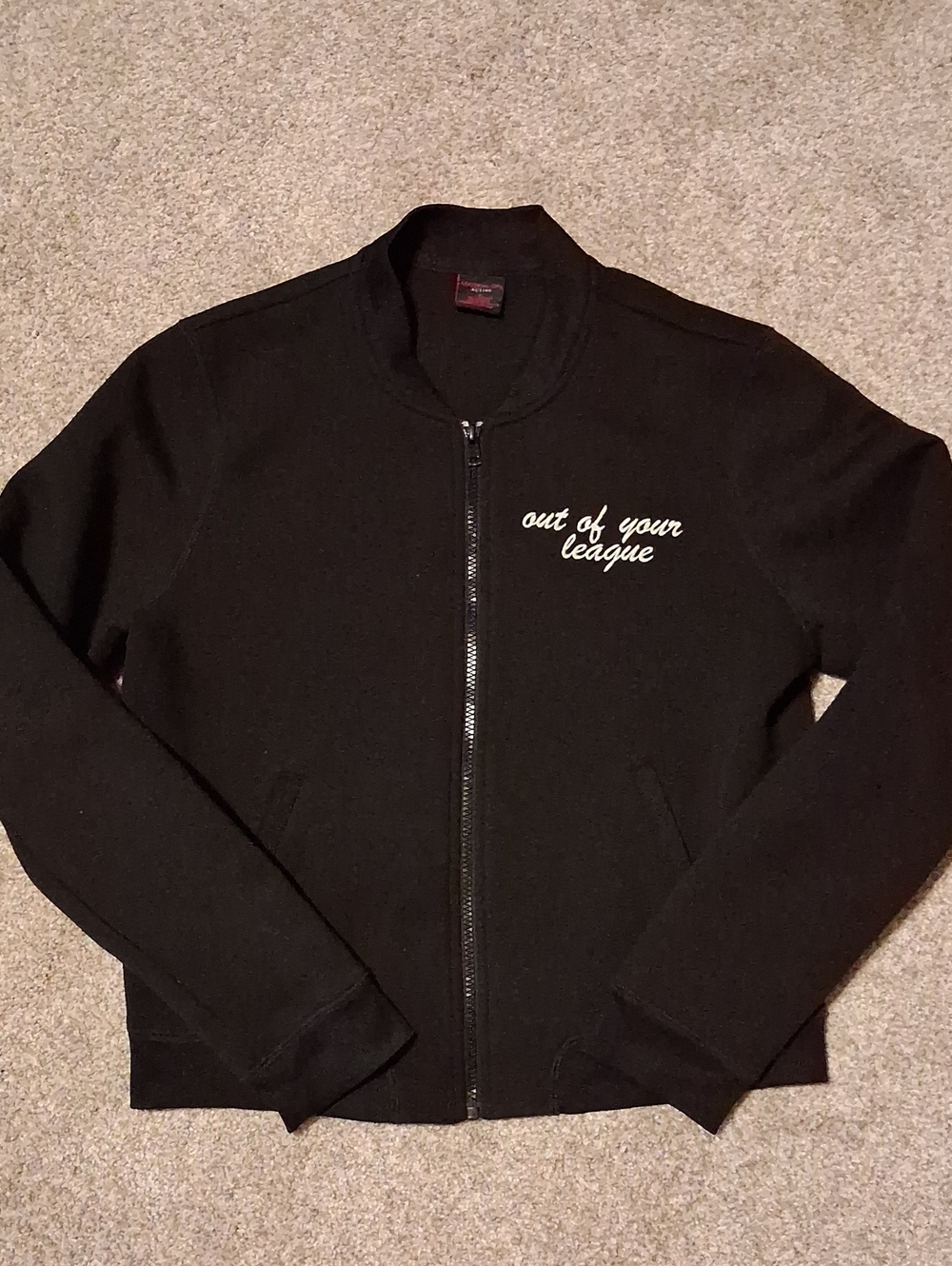 Material Girl Bomber Black Jacket with White Logo Tag "Out If Your League"